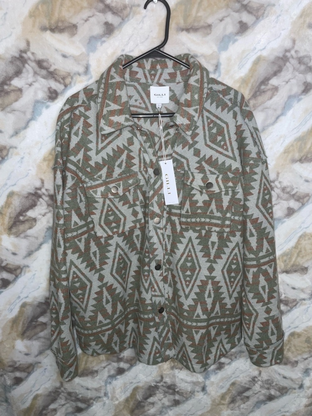 Gilli Aztec Print Shacket in Sage Green and Rust